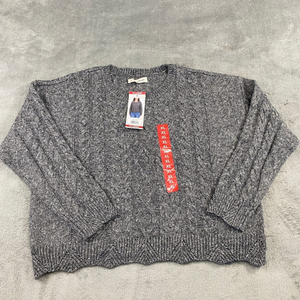 Lucky Brand Sweater Womens XL Cable Knit Black Marled Long Sleeve Crew‎ Neck